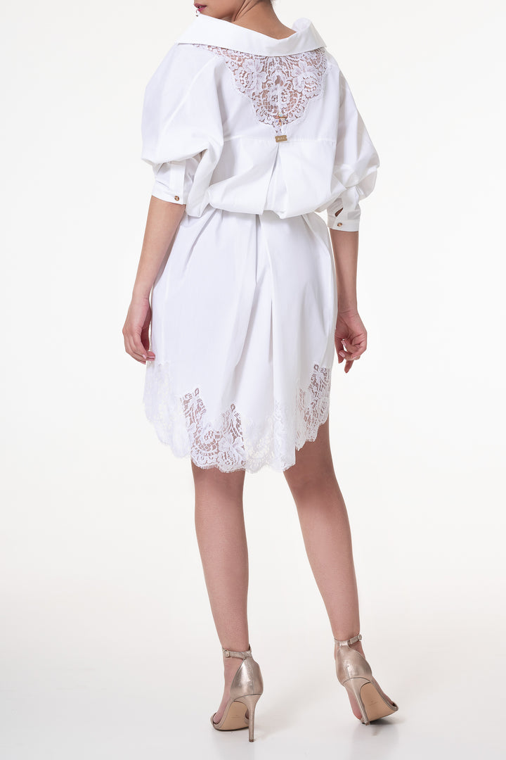 Gioia Lace Inserts Cotton Shirt Dress In White-Silver Buttons