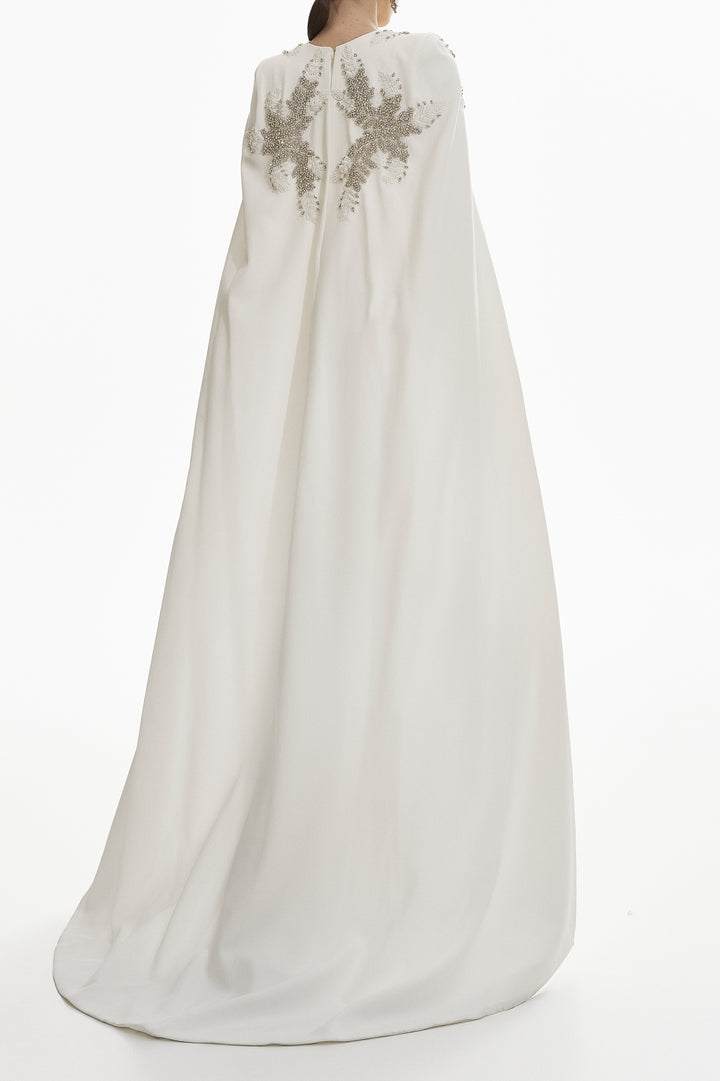 Dalia Crystal-Embroidered Cape Crepe Dress In Off-White