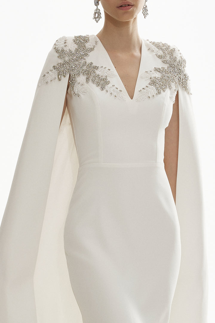 Dalia Crystal-Embroidered Cape Crepe Dress In Off-White