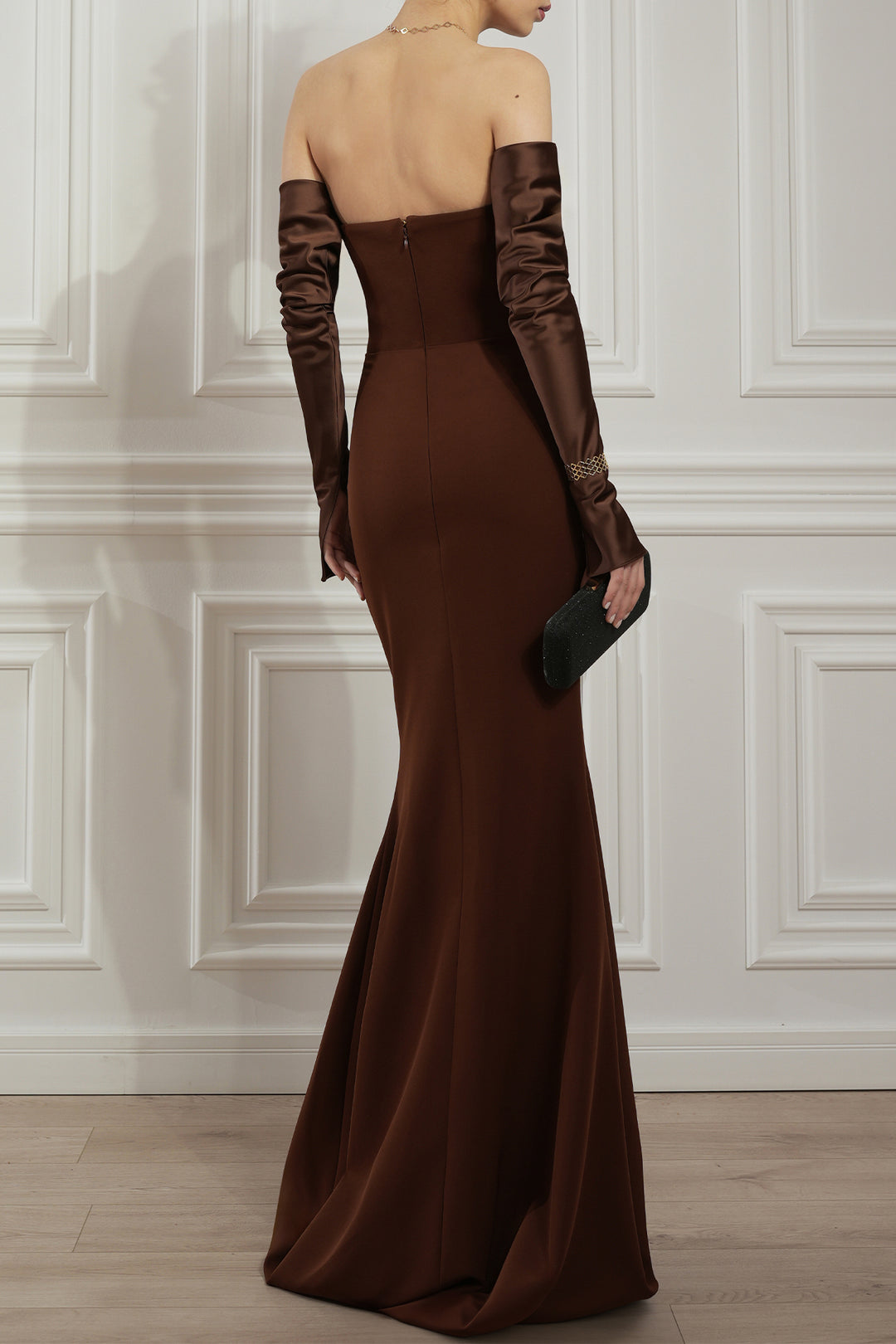 Raven Crepe Long Dress In Coffee