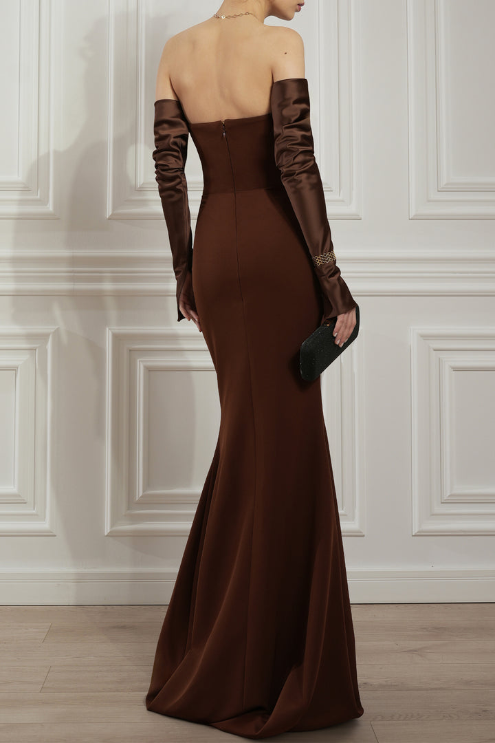 Raven Crepe Long Dress In Coffee