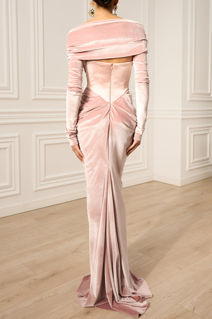 Quinn Long Velvet Gown In Blush