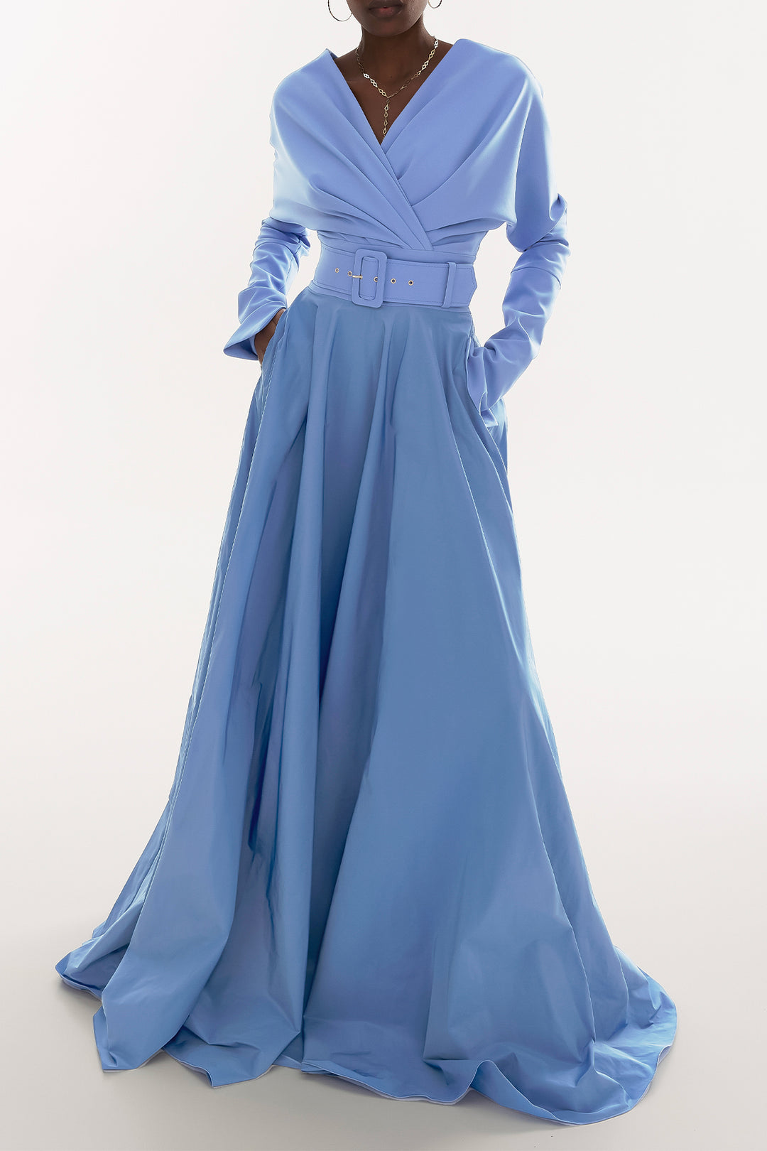 Josie Crepe Taffeta Long Dress In Celeste