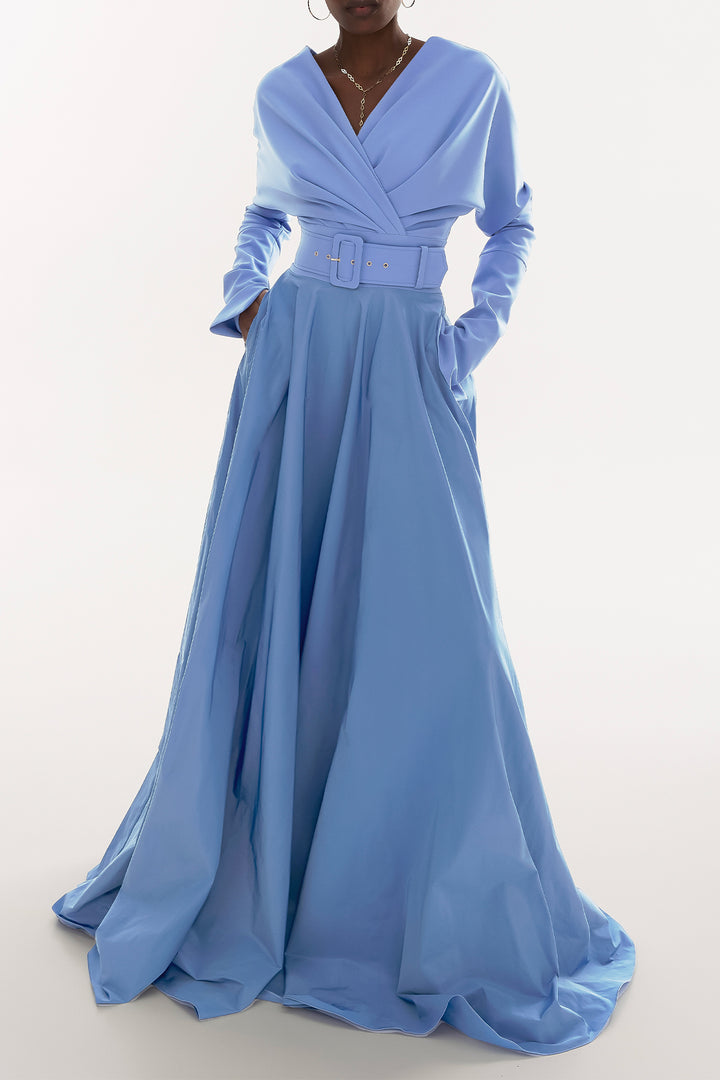 Josie Crepe Taffeta Long Dress In Celeste