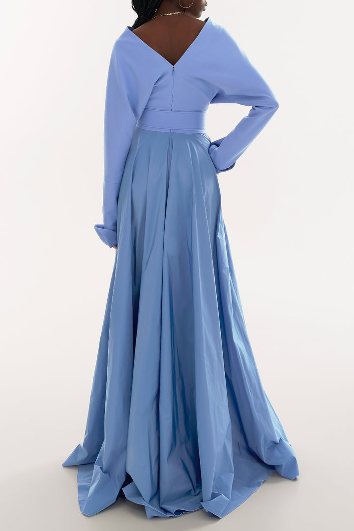 Josie Crepe Taffeta Long Dress In Celeste