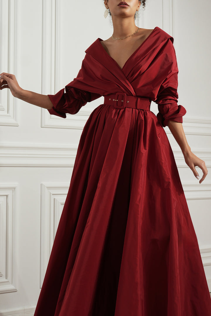 Carrie Taffeta Long Dress In Carmine
