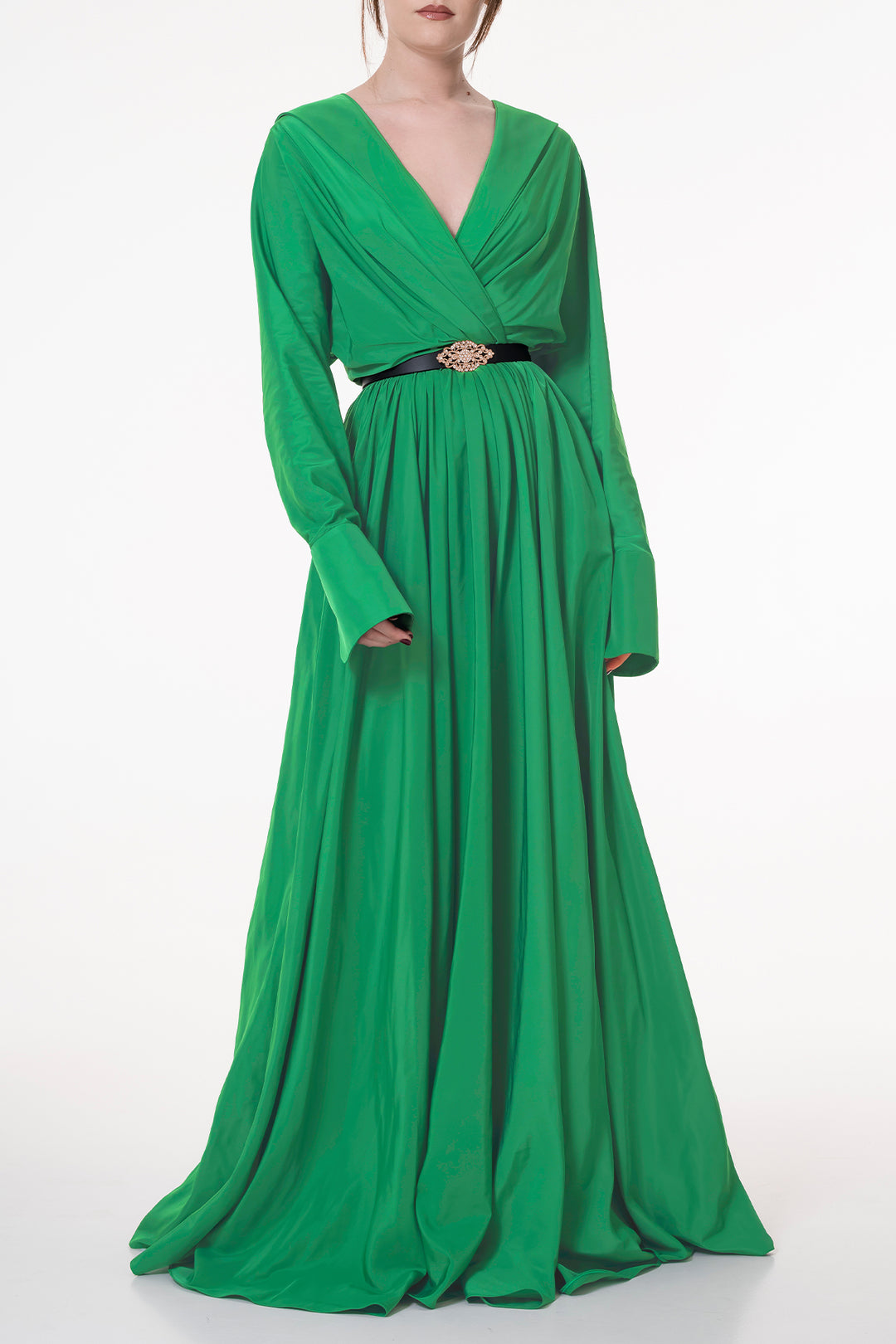 Carrie Taffeta Long Dress In Emerald