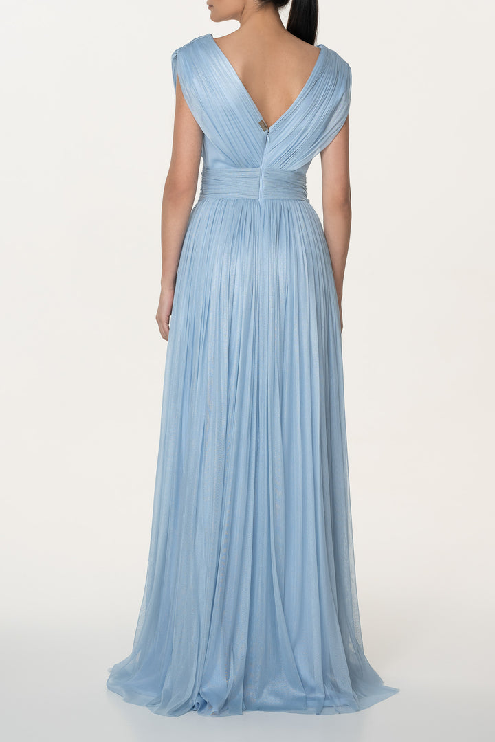 Leila Silk Tulle Long Dress In Glossy-Celeste