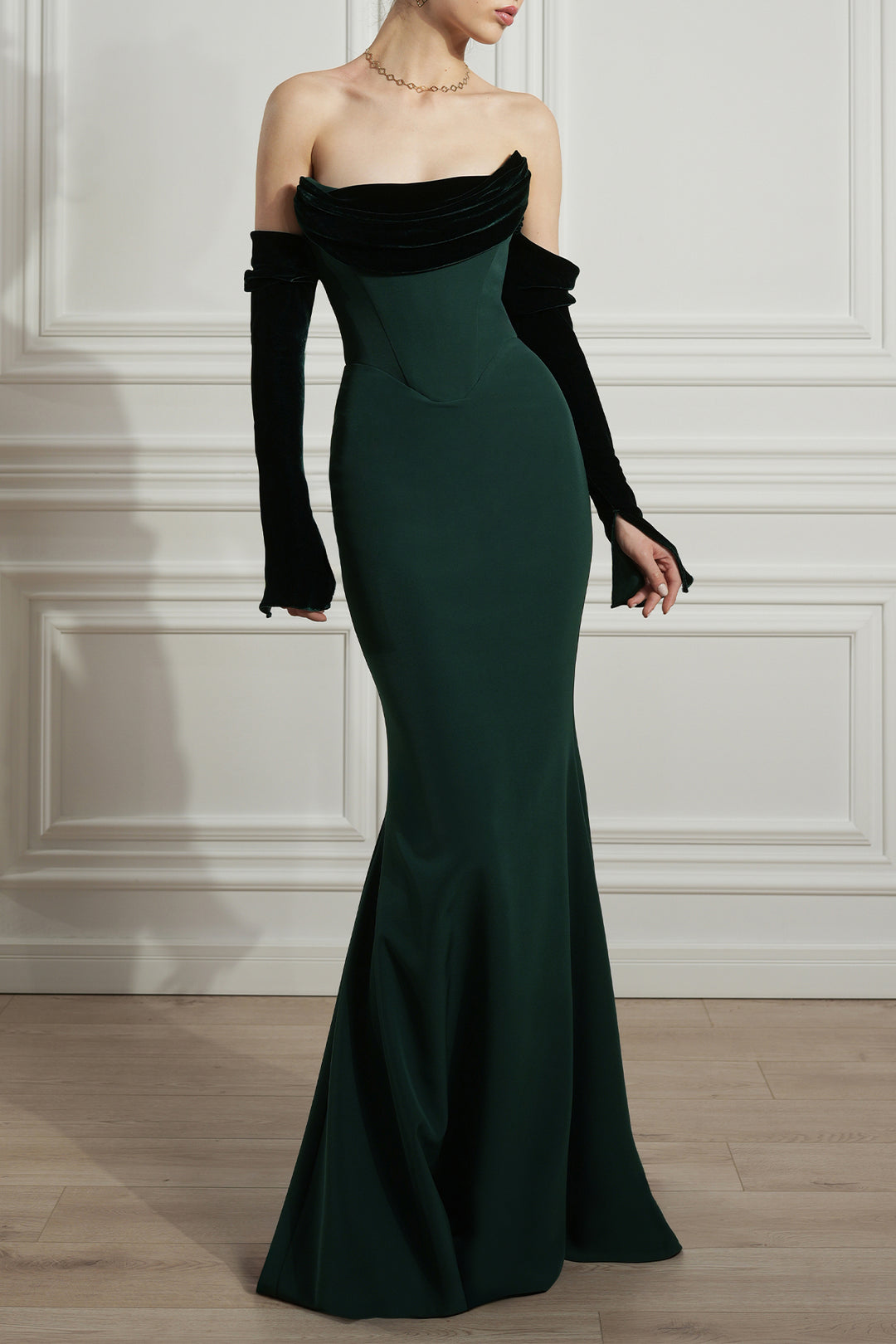 Raven Crepe and Velvet Dress in Dark-Green