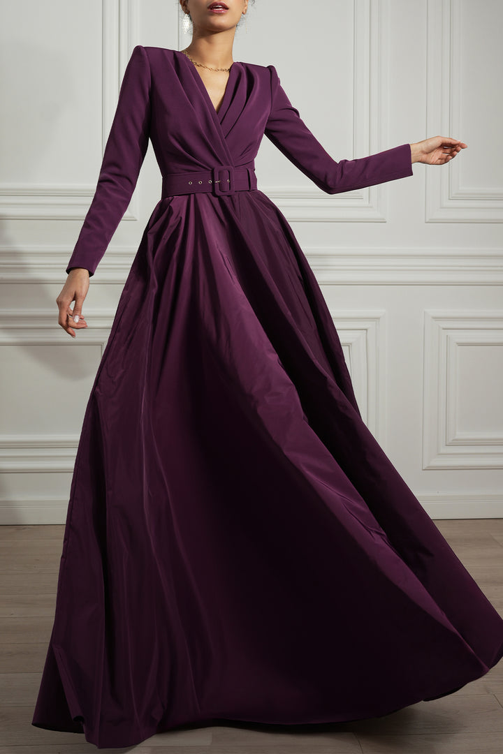 Carly Taffeta Crepe Long Dress In Plum