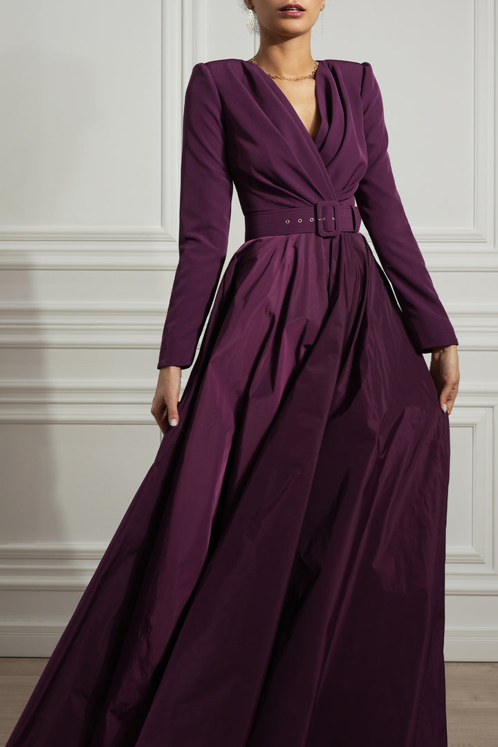 Carly Taffeta Crepe Long Dress In Plum