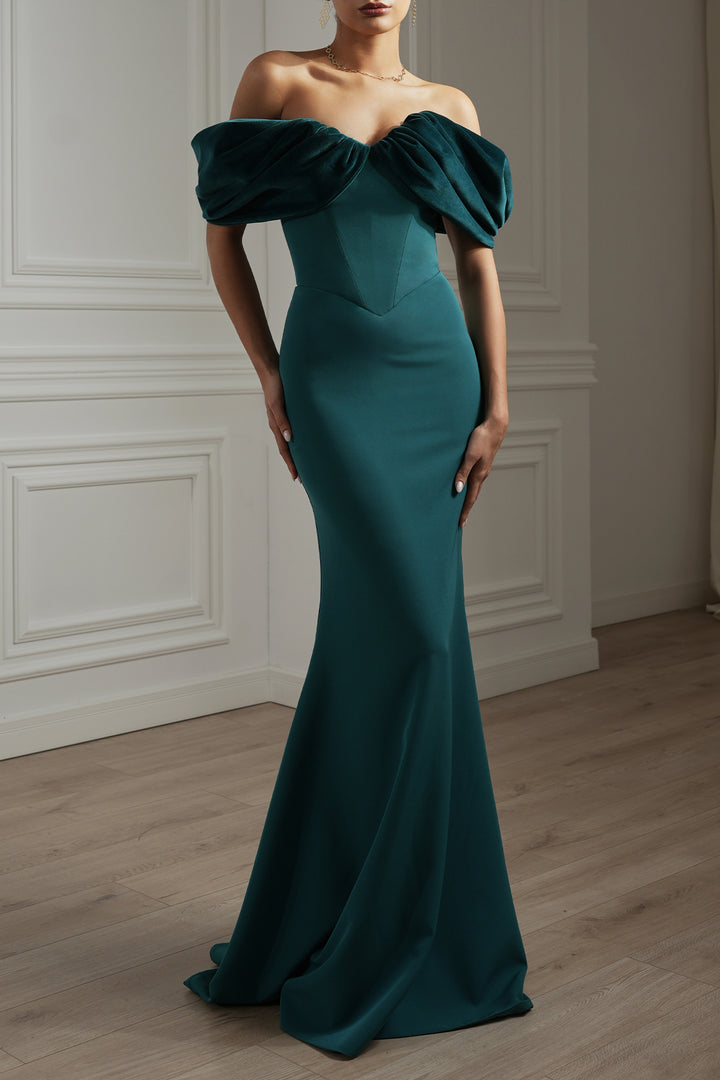 Ivonna Crepe Velvet Gown In Petrol
