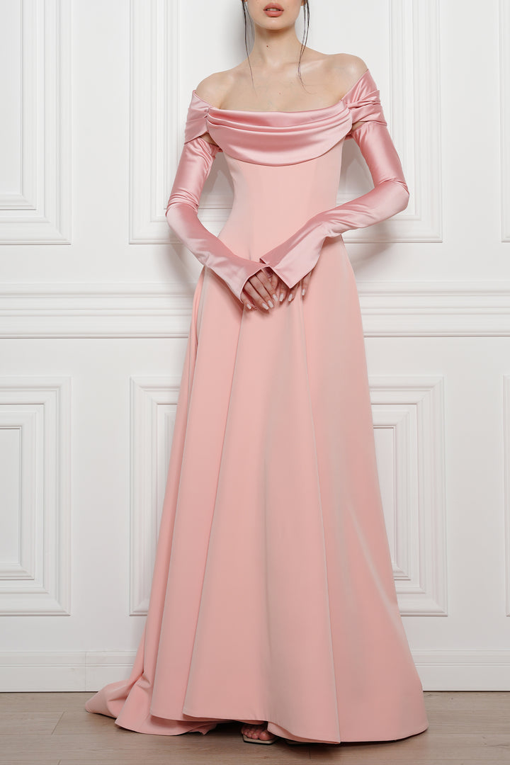 Salma Crepe Long Dress In Powder-Pink