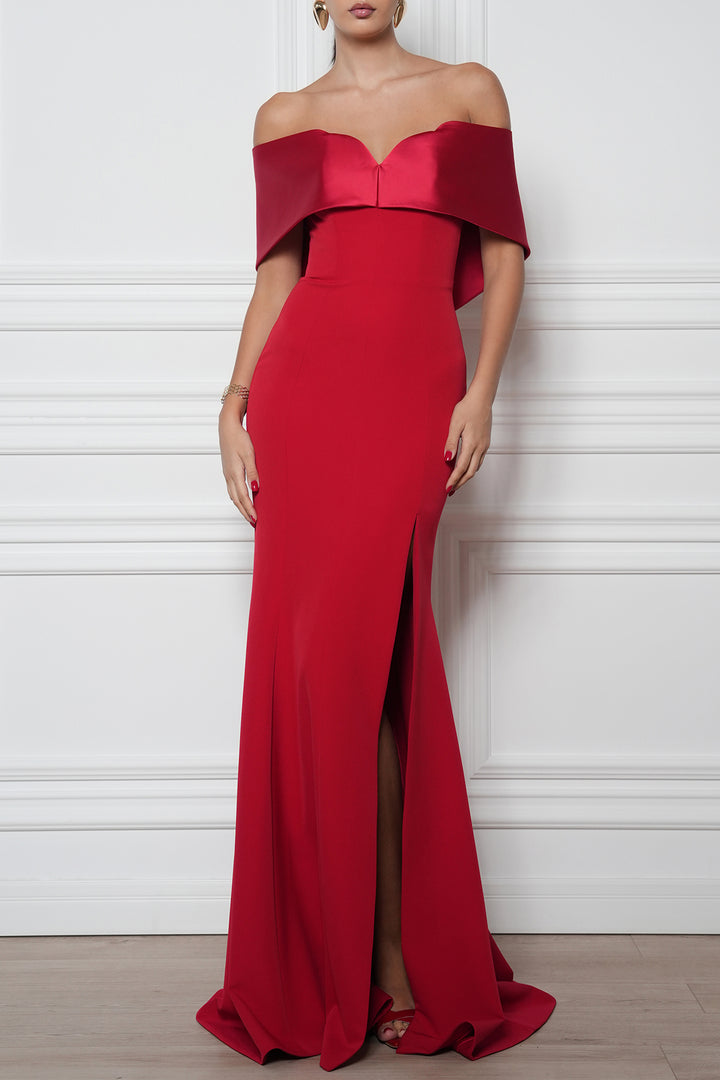 Noura Crepe Satin Long Dress In True-Red