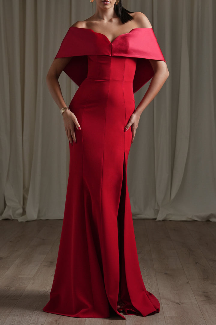 Noura Crepe Satin Long Dress In True-Red