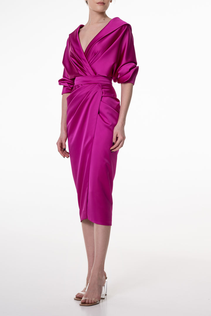 Angelina Satin Midi Dress in Fuchsia