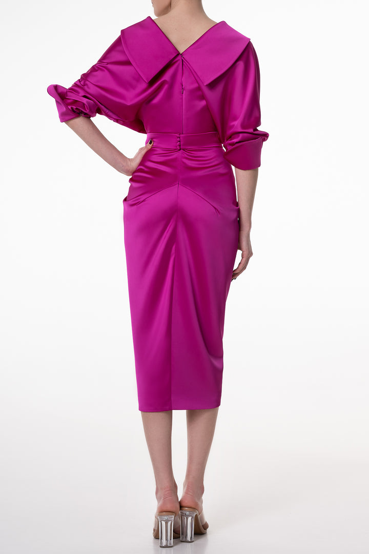 Angelina Satin Midi Dress in Fuchsia