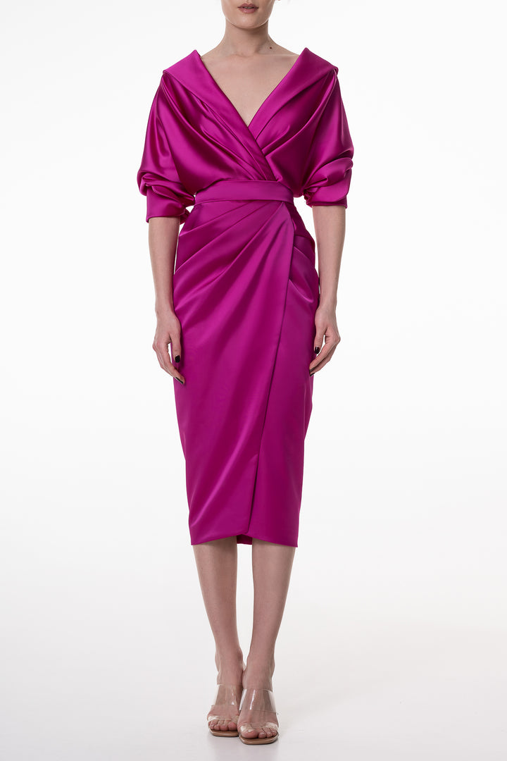 Angelina Satin Midi Dress in Fuchsia