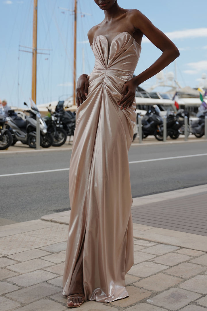 Yuno Glossy Chiffon Long Dress In Light-Gold
