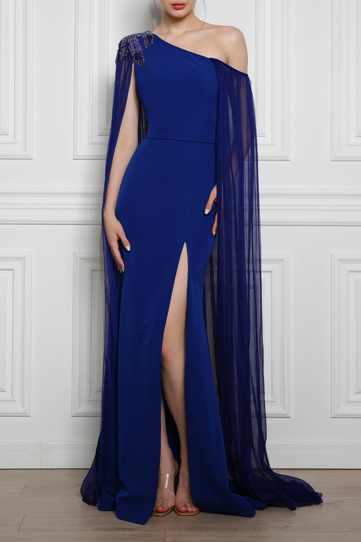 Vega One-Shoulder Mermaid Dress with Silk Chiffon Cape In Sapphire