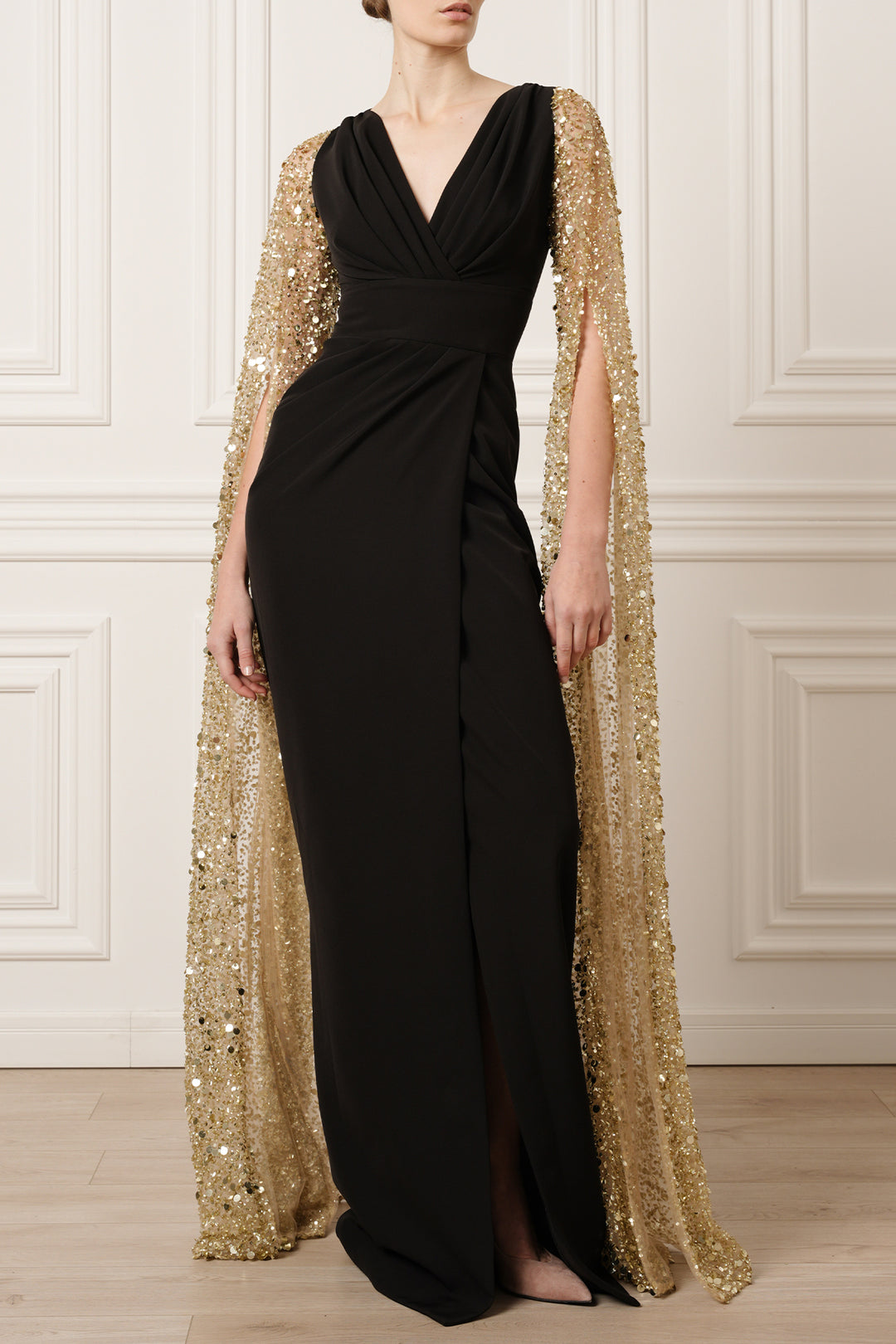 Noemy Cape-Effect Embroidery Dress In Gold-Black