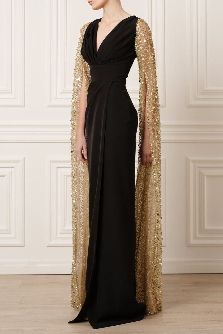 Noemy Cape-Effect Embroidery Dress In Gold-Black