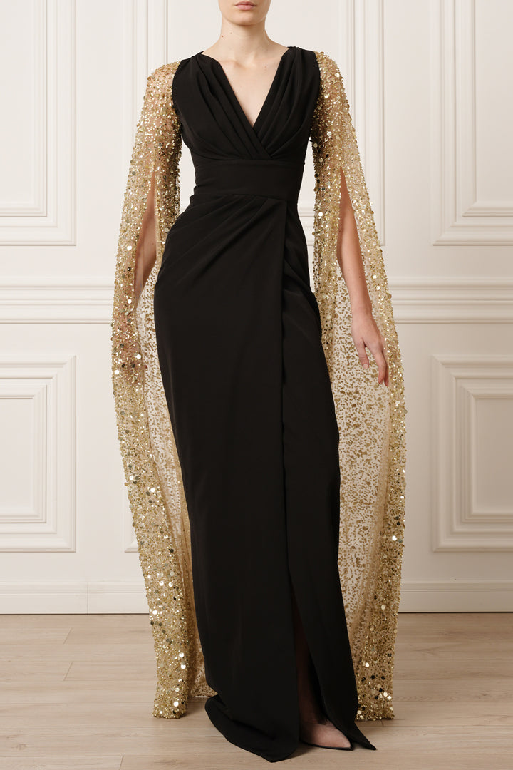 Noemy Cape-Effect Embroidery Dress In Gold-Black