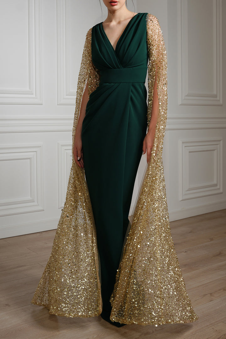 Noemy Cape-Effect Embroidery Dress In Gold-Dark-Green