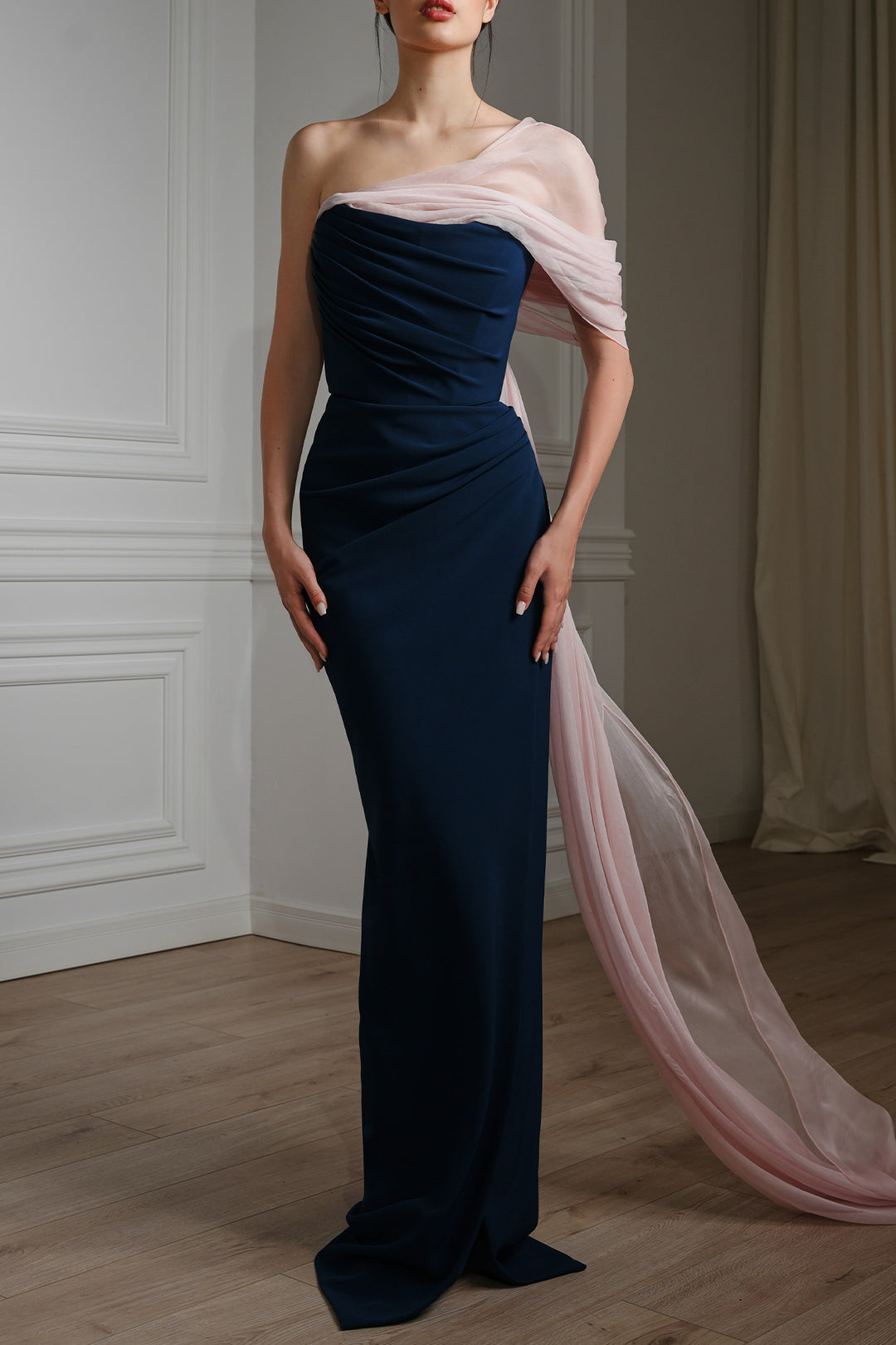 Bella Silk Chiffon and Crepe Dress In Prussian Blue and Powder