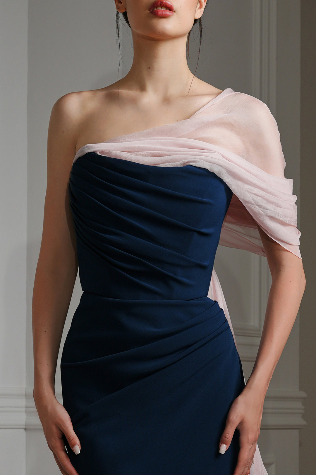 Bella Silk Chiffon and Crepe Dress In Prussian Blue and Powder