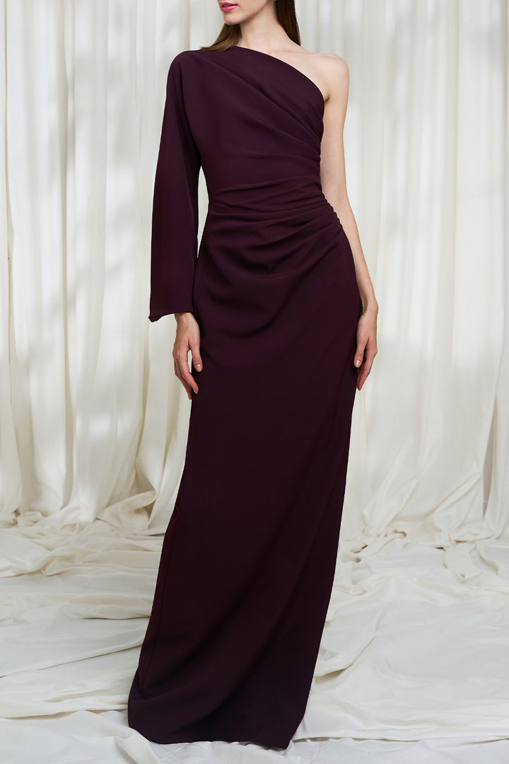 Cory One-shoulder Crepe Long Dress In Merlot