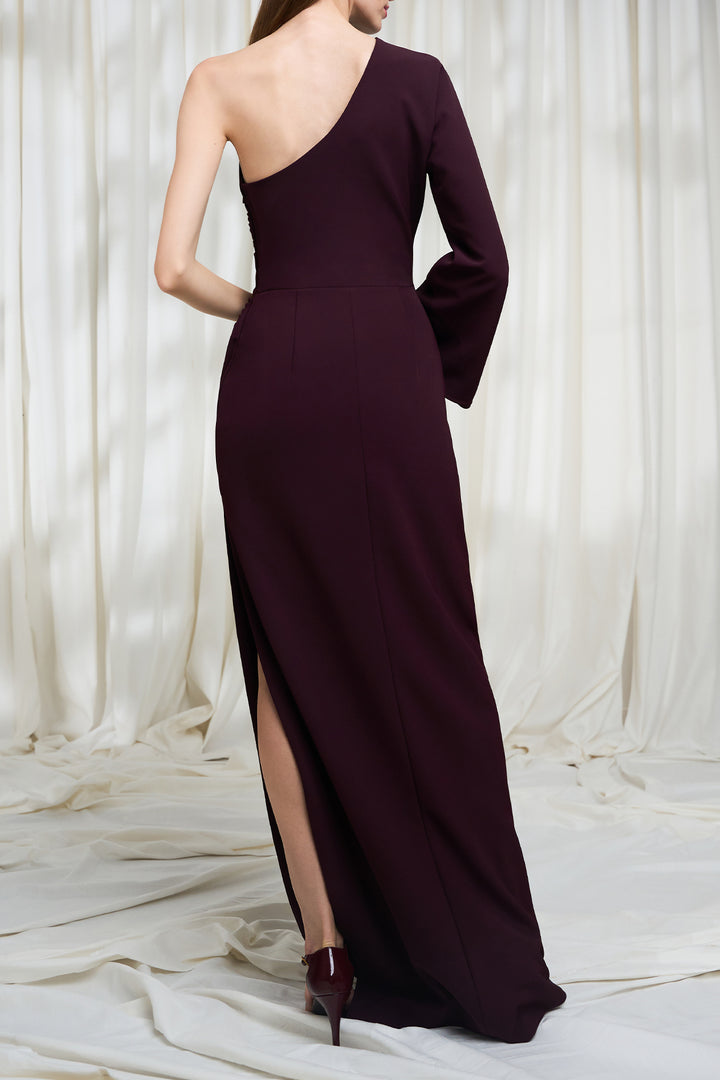 Cory One-shoulder Crepe Long Dress In Merlot