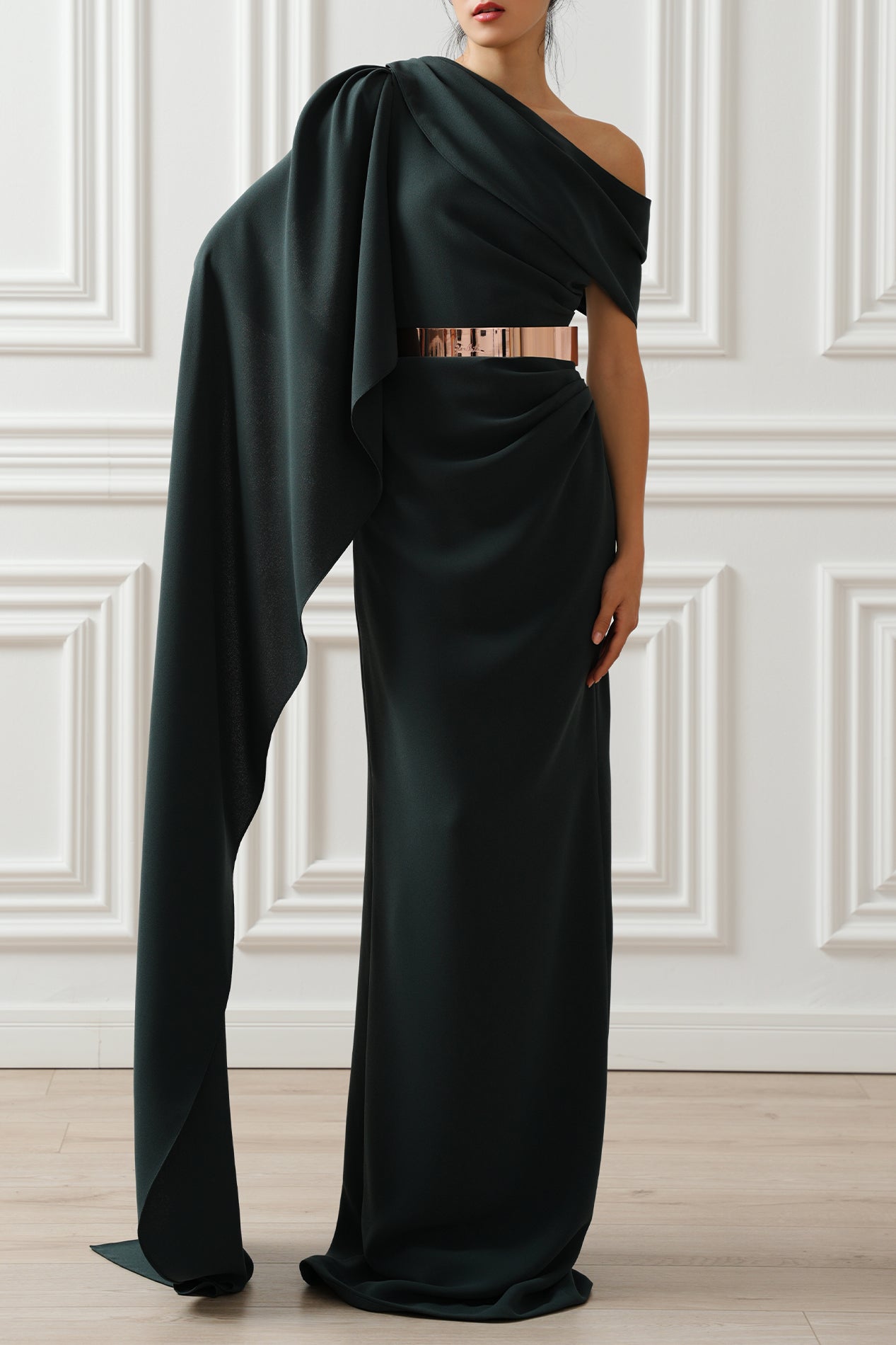 Karen One-Shoulder Long Dress In Pine Green Rhea Costa Karen One-Shoulder Long Dress In Pine Green Rhea Costa