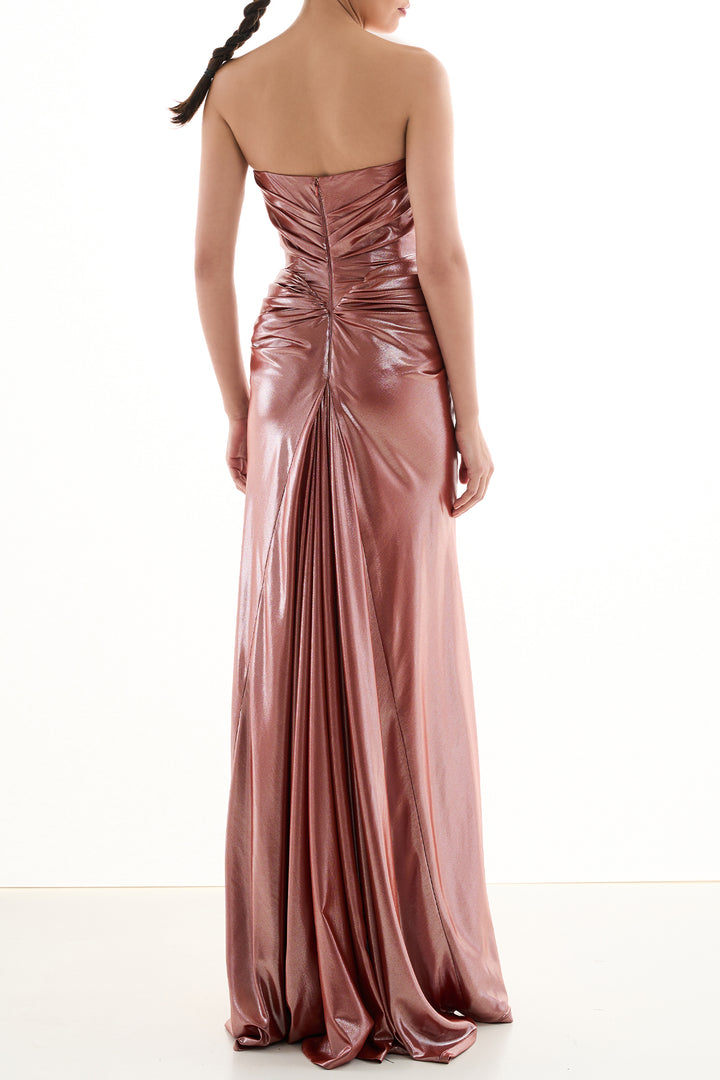 Kala Glossy Long Dress In Brick-Red