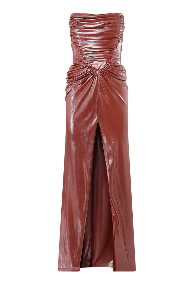 Kala Glossy Long Dress In Brick-Red