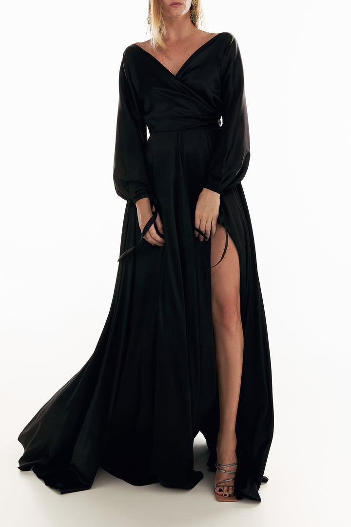 June Black Silk Long Dress