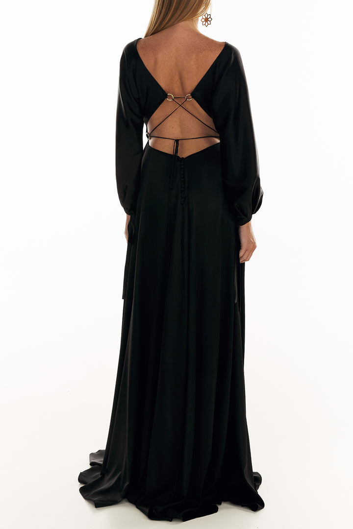 June Black Silk Long Dress