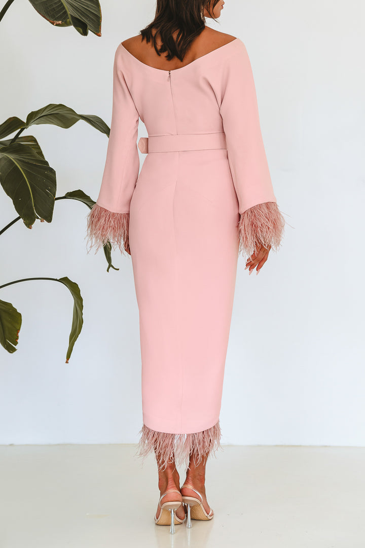 Mona Feathers Trimmed Blush Crepe Dress