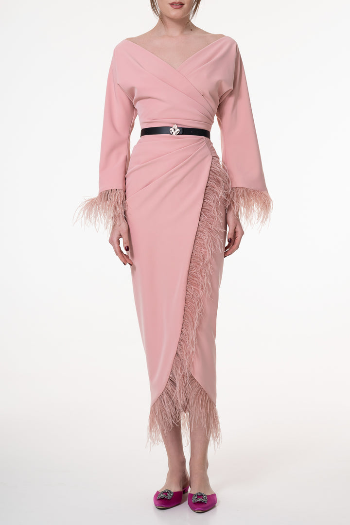 Mona Feathers Trimmed Blush Crepe Dress