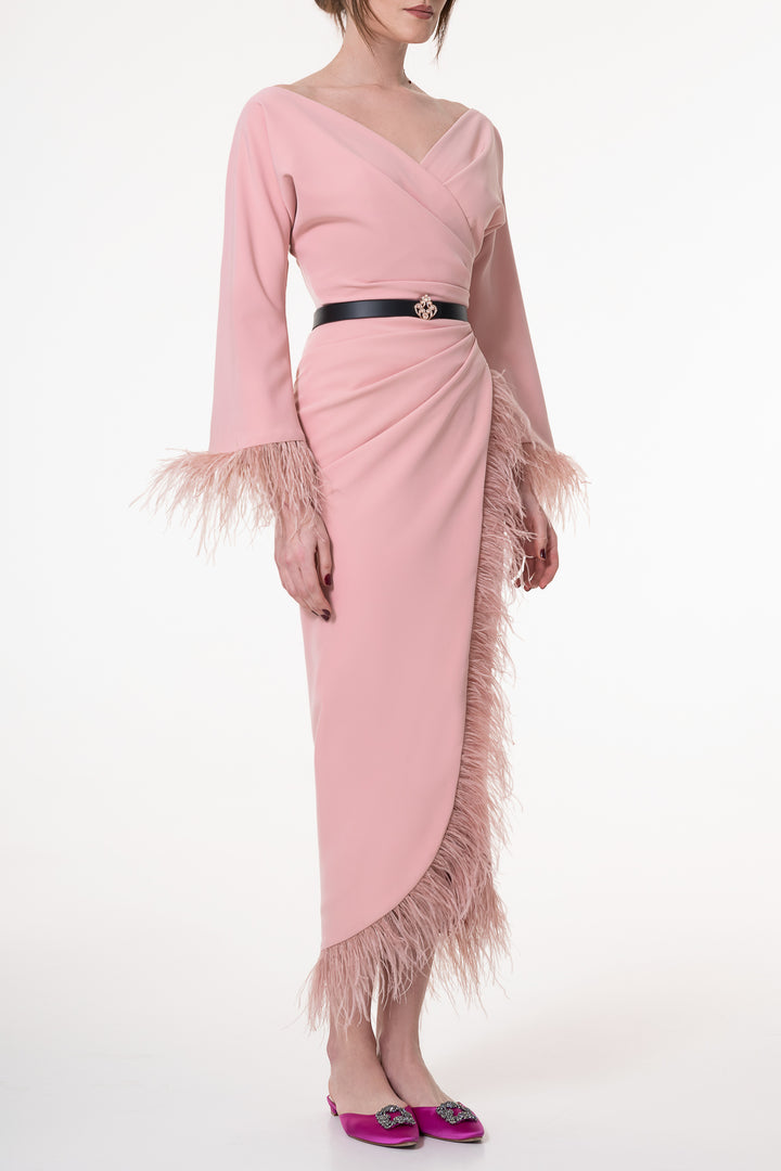 Mona Feathers Trimmed Blush Crepe Dress