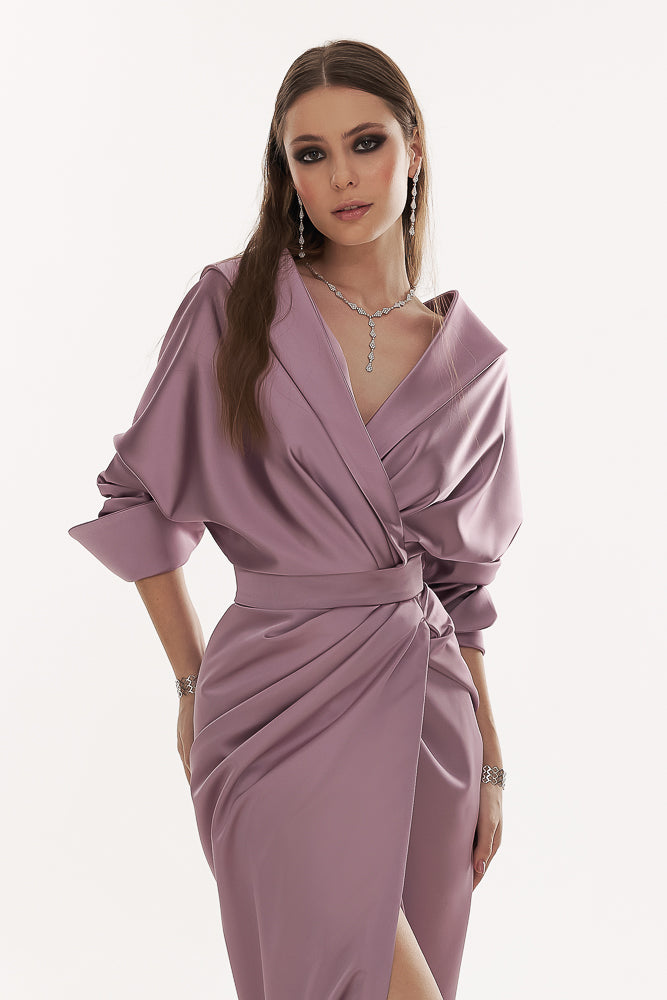 Angelina Satin Long Dress In Taupe