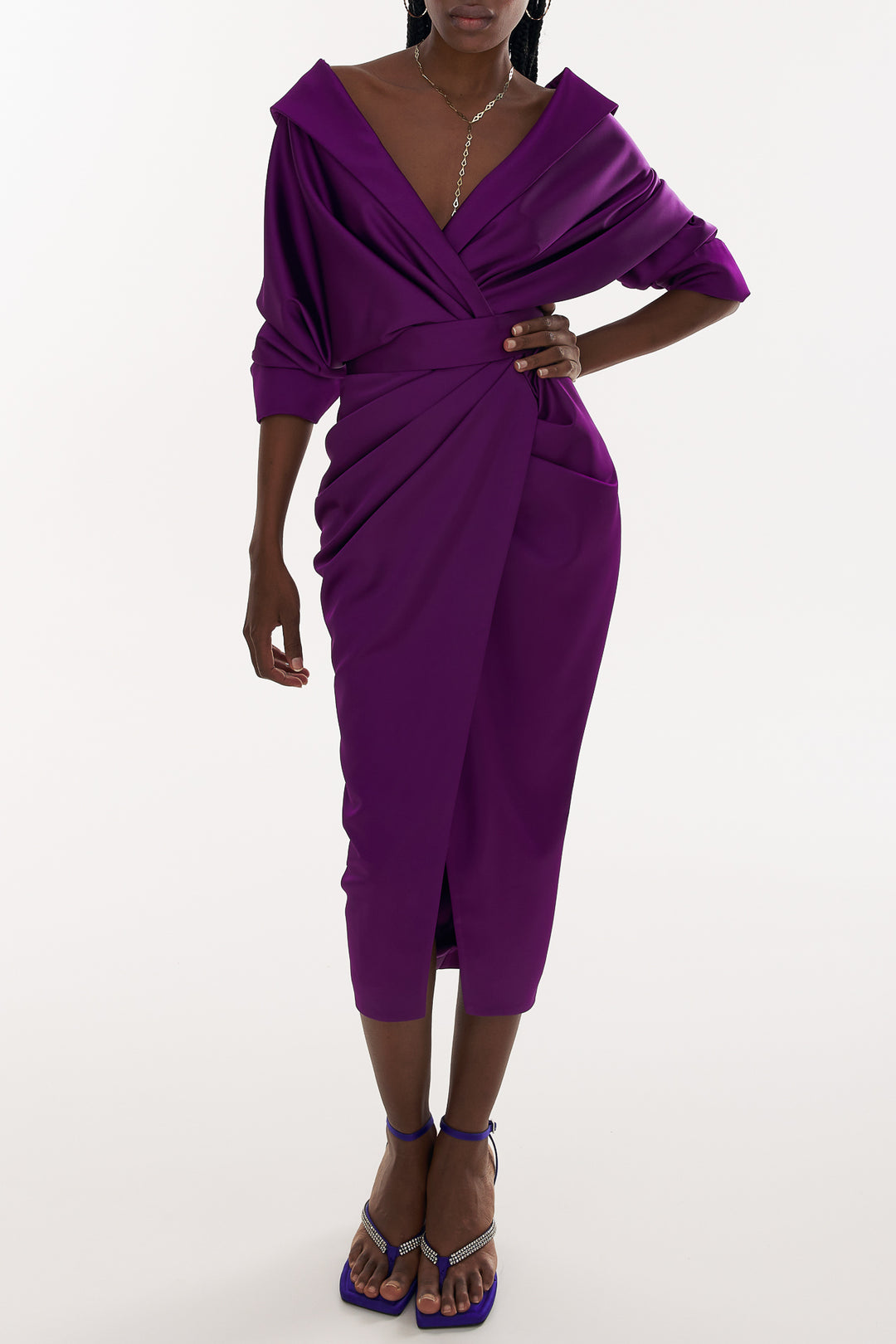 Angelina Satin Midi Dress in Royal-Purple