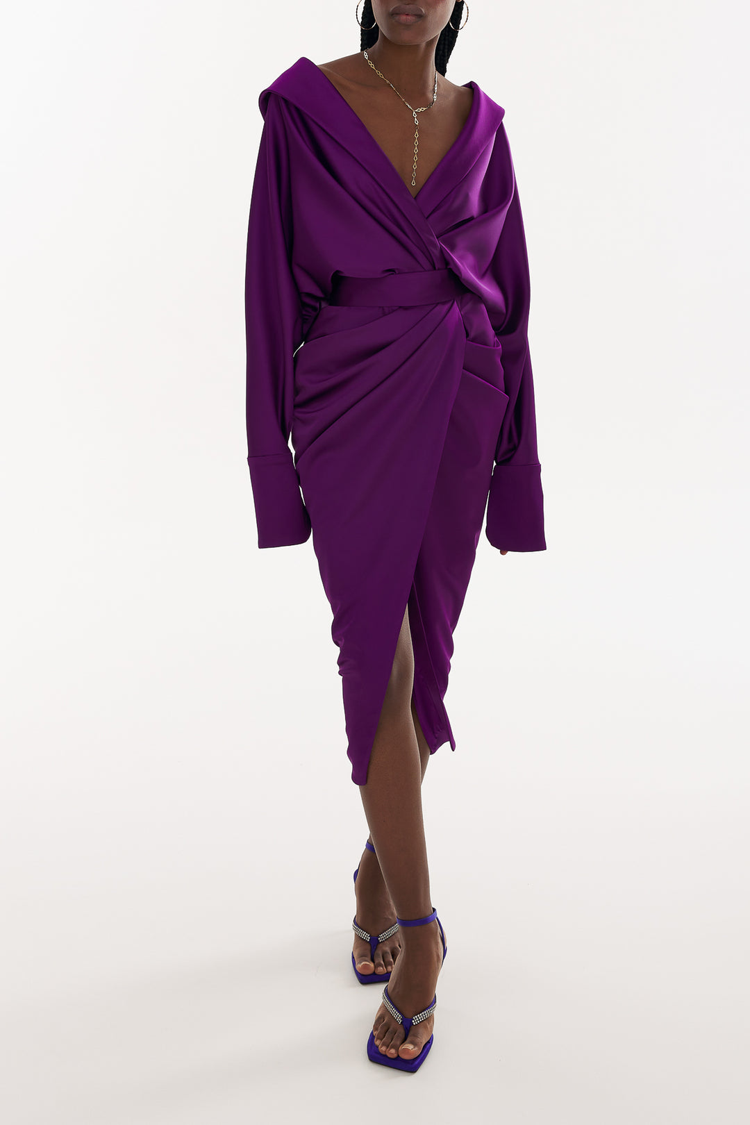 Angelina Satin Midi Dress in Royal-Purple