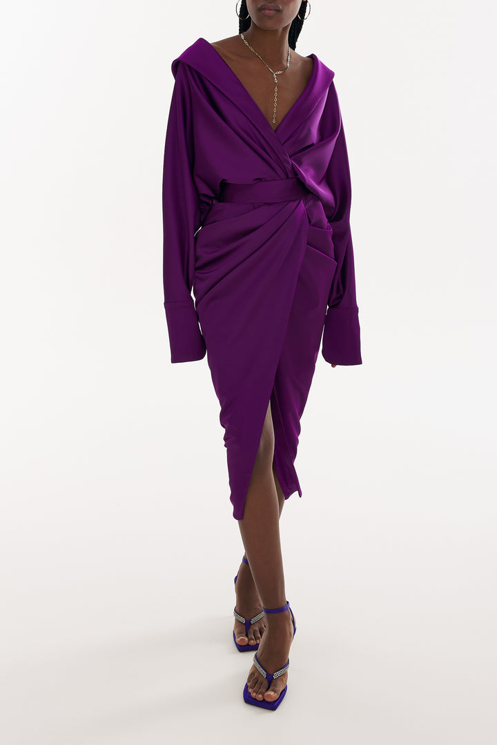 Angelina Satin Midi Dress in Royal-Purple