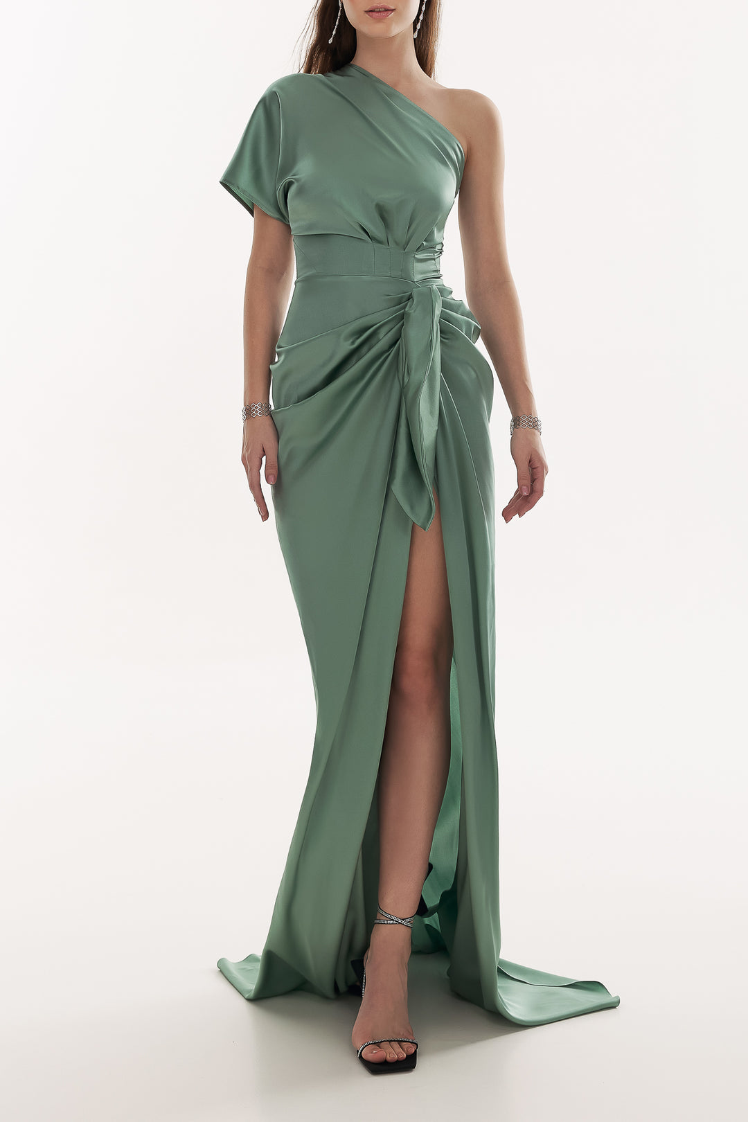 Elena Silk Satin Long Dress In Sage