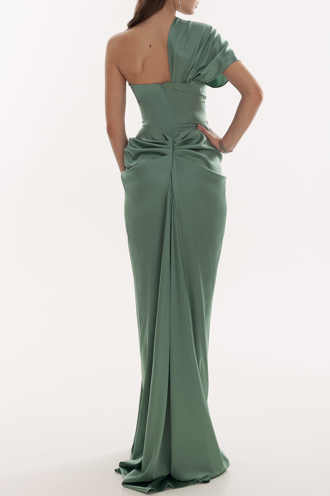 Elena Silk Satin Long Dress In Sage