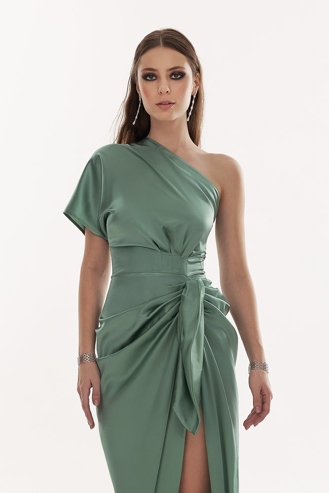 Elena Silk Satin Long Dress In Sage