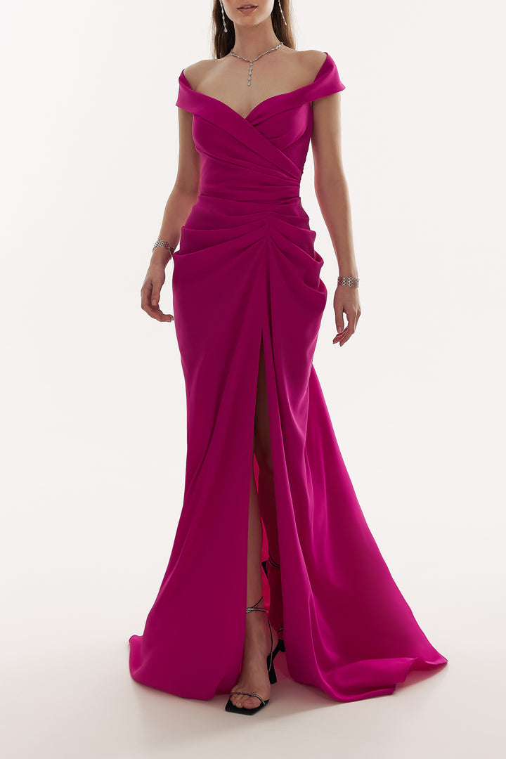 Athena Crepe Long Dress In Sangria