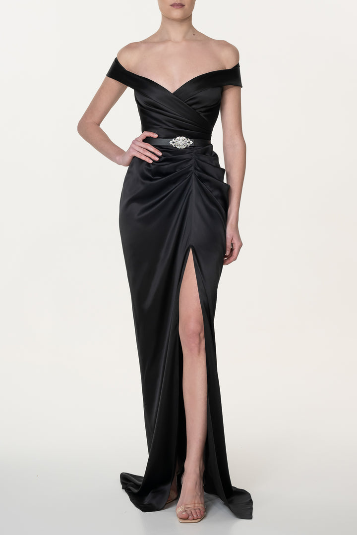 Athena Black Silk Long Dress