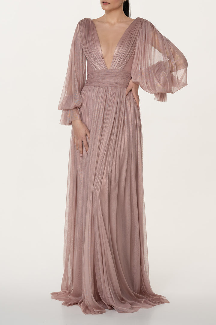 Kaira Silk Tulle Long Dress In Rose-Gold